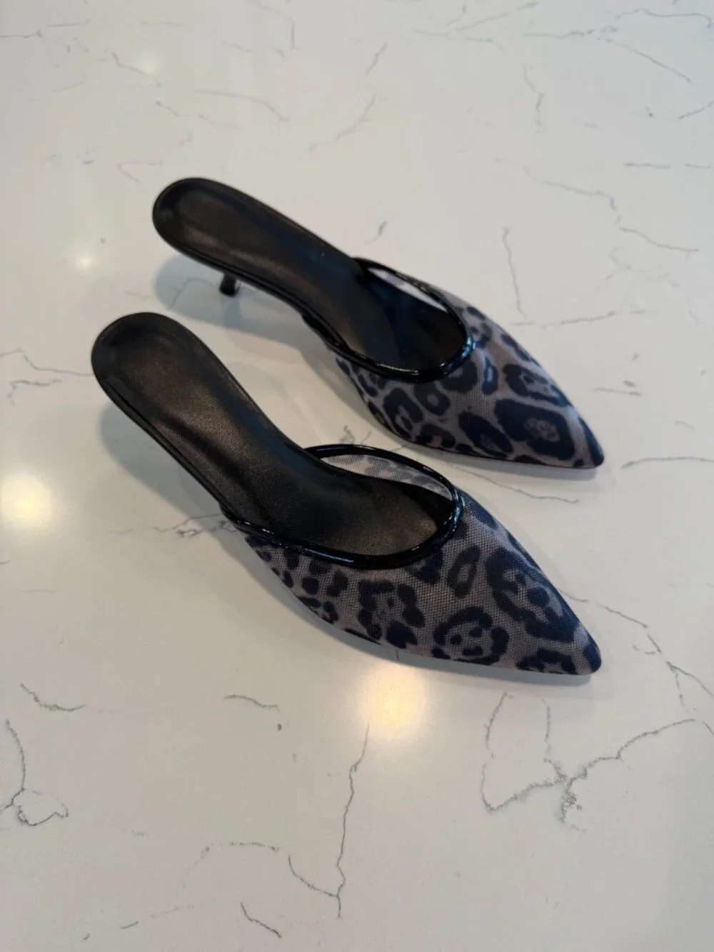 Leopard print mesh kitten heels slip on mules size 8